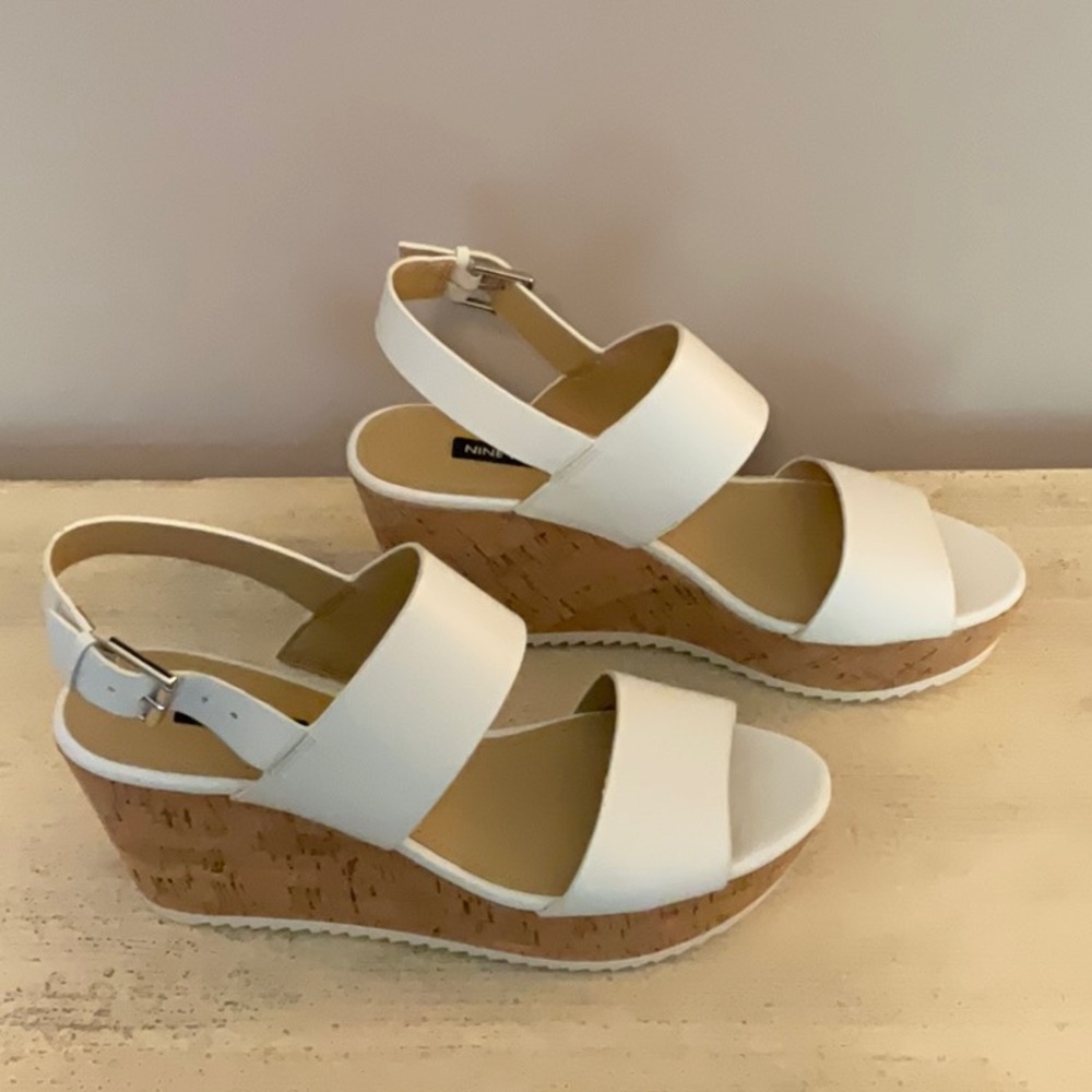 Nine West White Wedge Sandals with Cork Platform NWOT
